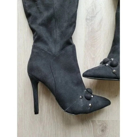 Yoki Black Faux Suede Sock Knee High Pointed Toe Studded High Heel Boots 8 - Picture 4 of 10